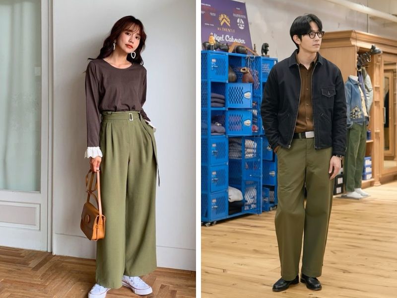 áo nâu với quần xanh olive