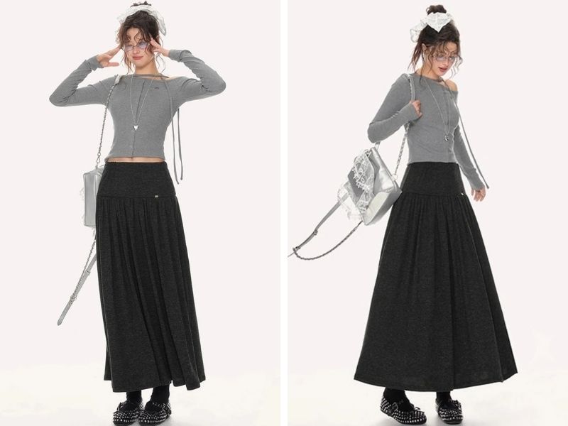 Cách phối chân váy dài với áo dài tay