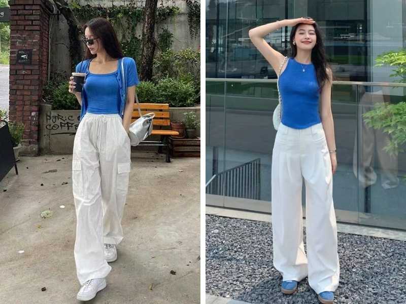 Phối áo xanh dương với quần ống rộng trắng