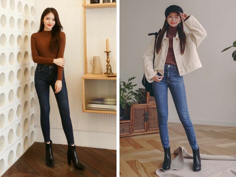 boot cao gót với áo cổ lọ và skinny jeans