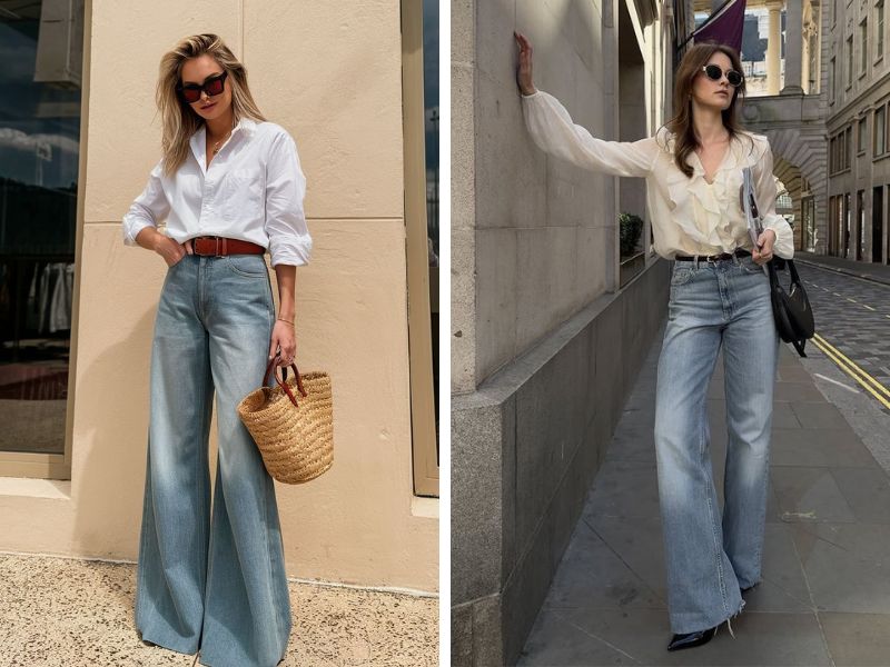 quần jean ống rộng và áo sơ mi tay phồng