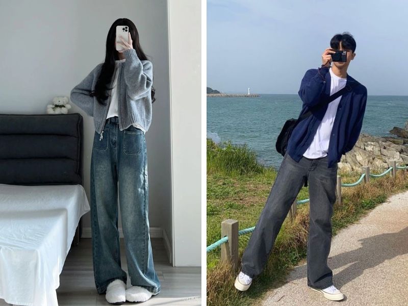 quần jeans phối áo cardigan