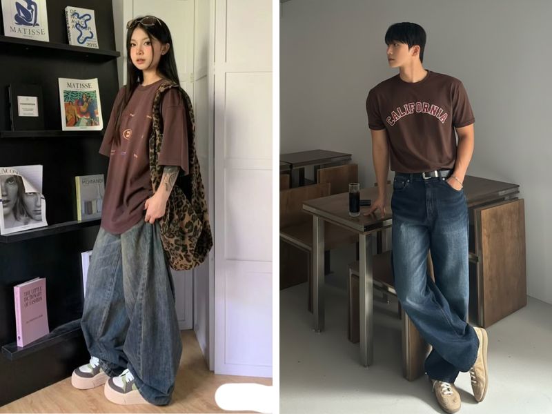 áo thun nâu đậm và quần jean xanh với giày sneaker
