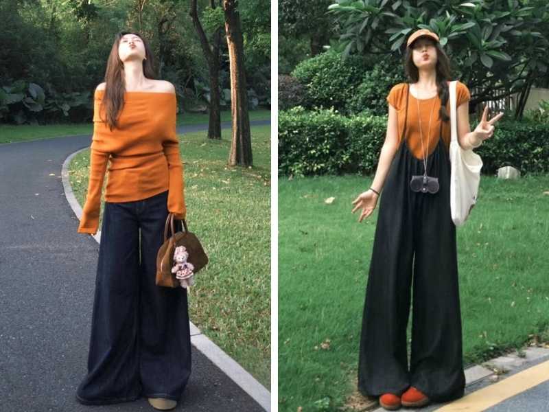 Phối quần ống rộng đen với áo màu cam
