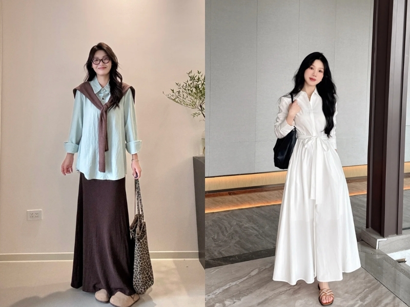 Phối đồ chân váy chữ A dài cùng áo sơ mi
