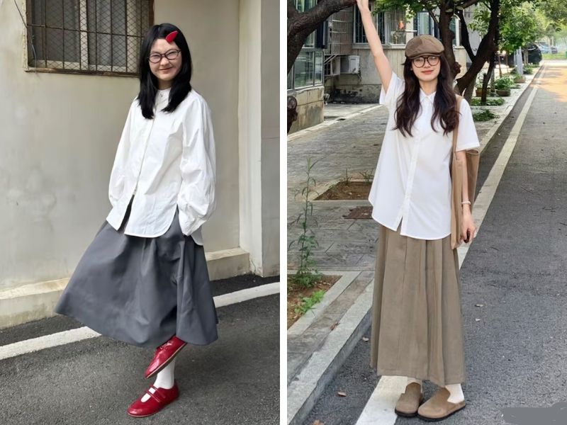 áo sơ mi trắng chân váy xòe trơn