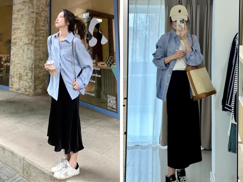 áo sơ mi váy midi nữ