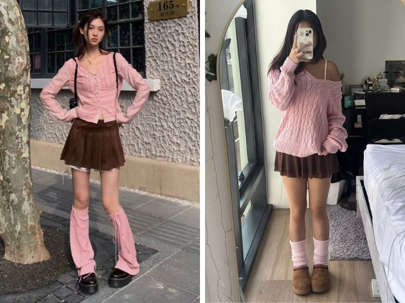 váy chữ a ngắn nâu đậm và áo hồng phấn