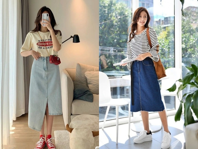 phối áo thun với chân váy bò chữ A