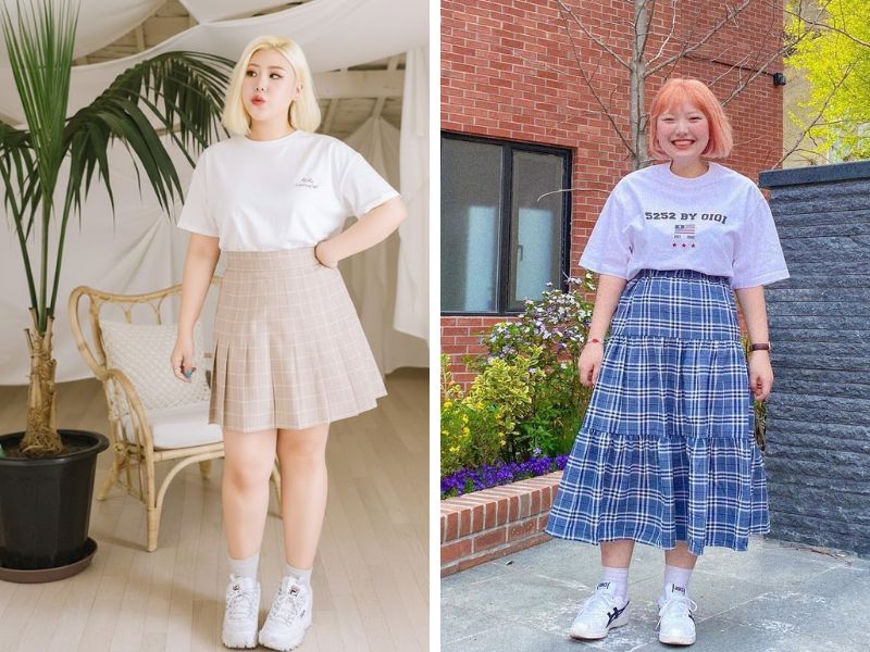 chân váy chữ a ngắn và dài với áo thun