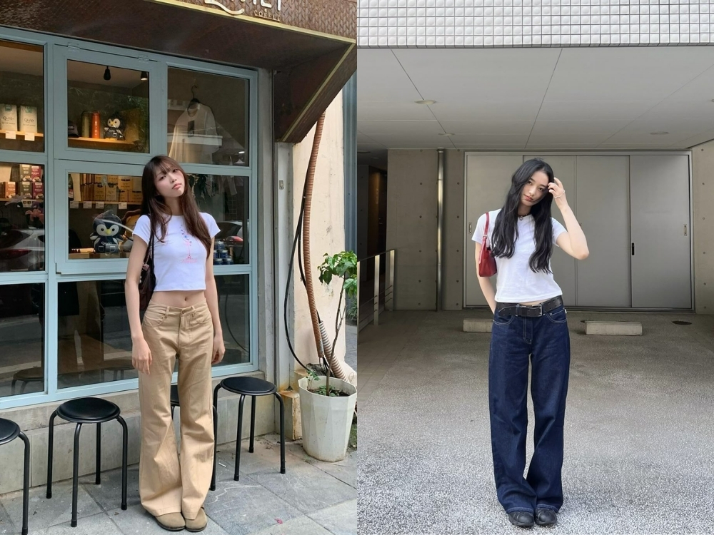 Quần jean ống suông nữ phối áo babytee
