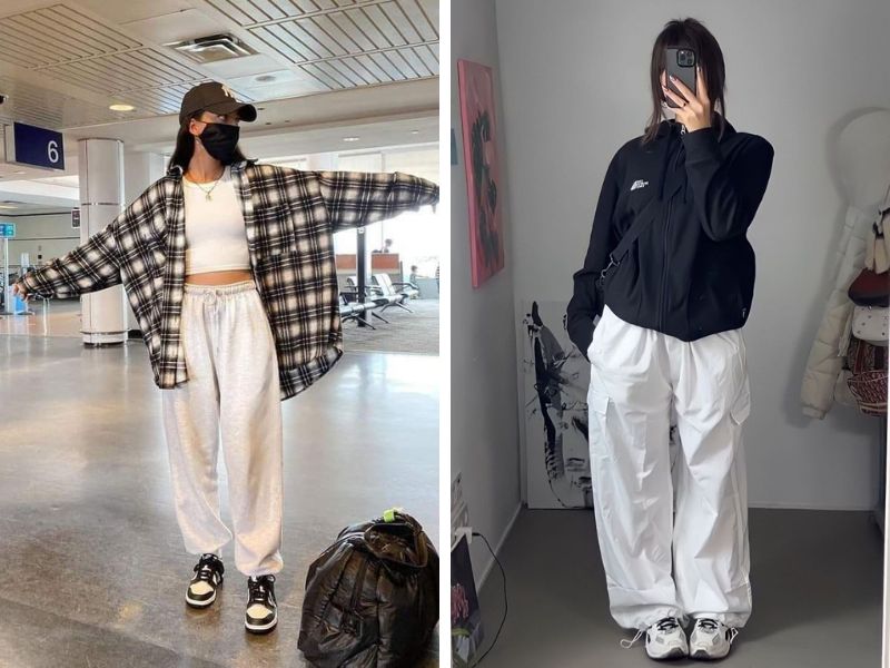 outfit quần jogger trắng áo flannel hoặc áo màu tối
