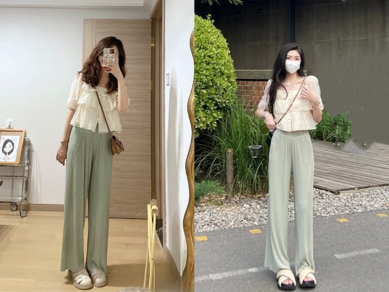 Áo màu kem phối quần xanh olive