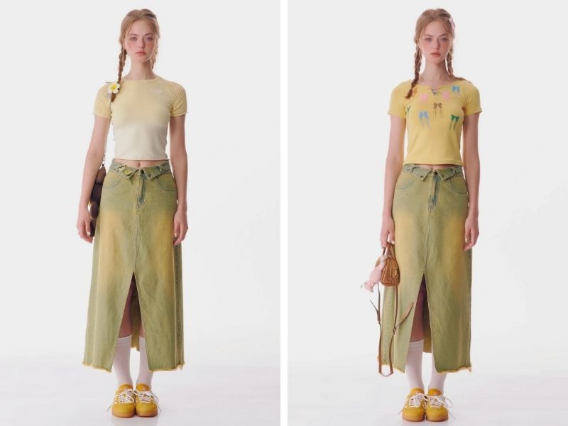 Cách phối chân váy jean dài với áo baby tee