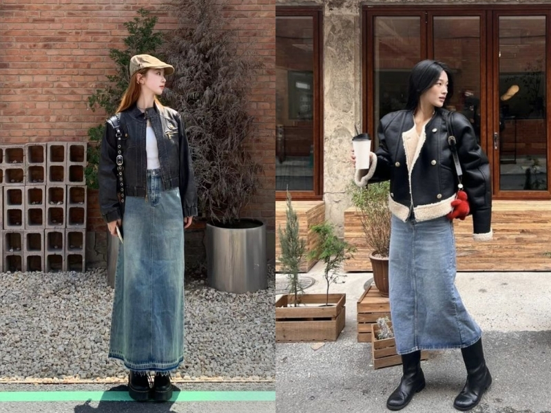 Áo croptop phối chân váy jean dài và khoác ngoài