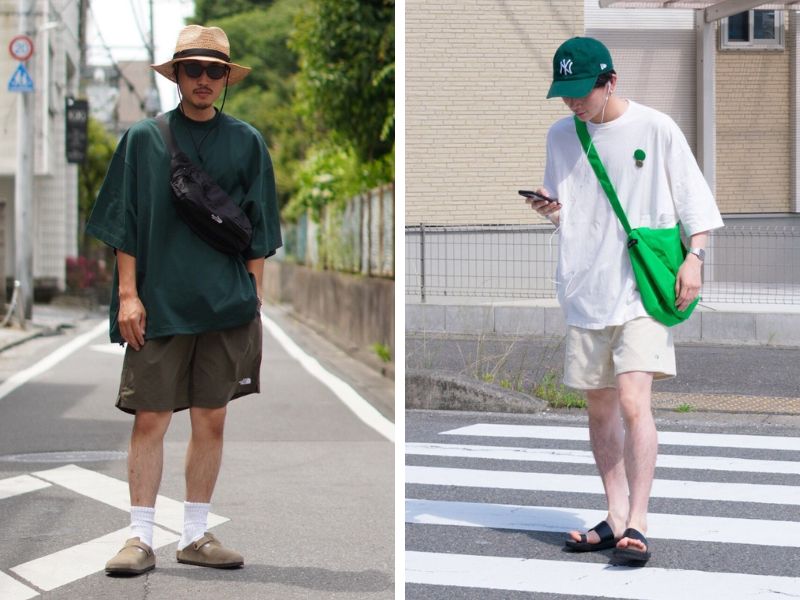 Áo oversize với quần short và dép nam