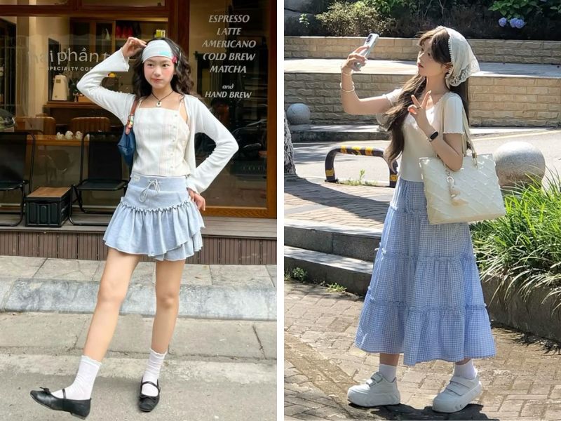 áo trắng và chân váy xanh da trời