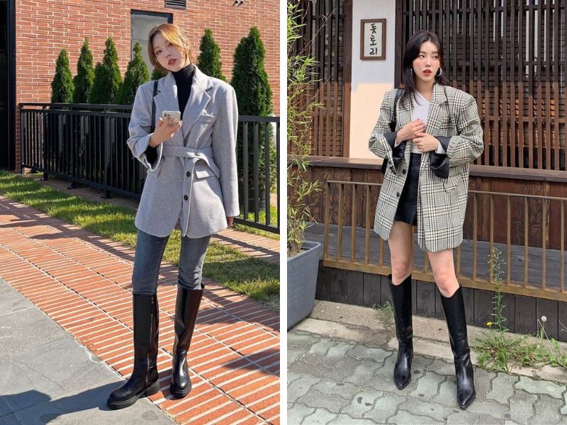 áo sơ mi và áo blazer khoác ngoài và boot cổ cao màu đen