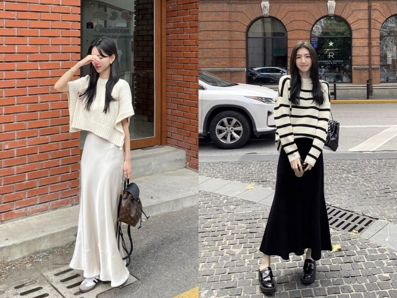 Phối chân váy đuôi cá dài với áo len mỏng
