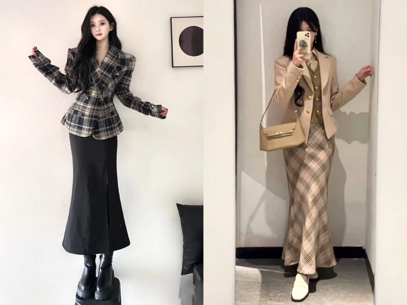 Phối chân váy đuôi cá dài với áo blazer
