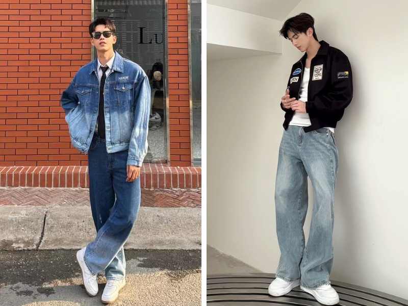 Cách phối quần jean ống rộng cho nam lùn