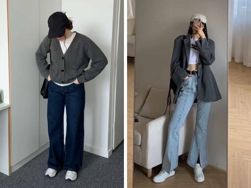 áo xám lông chuột phối quần jean xanh