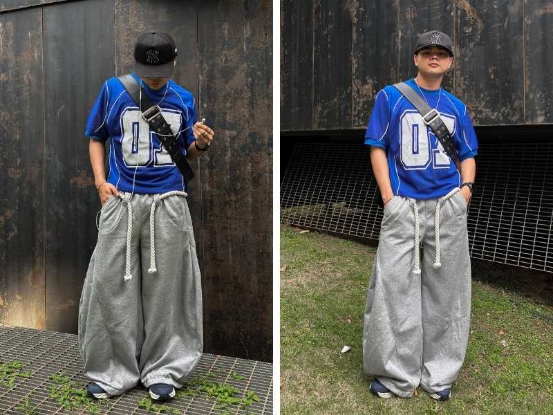 Quần baggy xám mix áo thun xanh dương đậm
