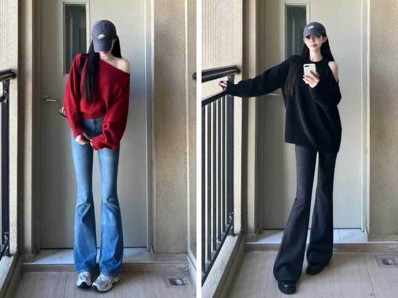 Cách phối áo lệch vai với quần jean loe nữ