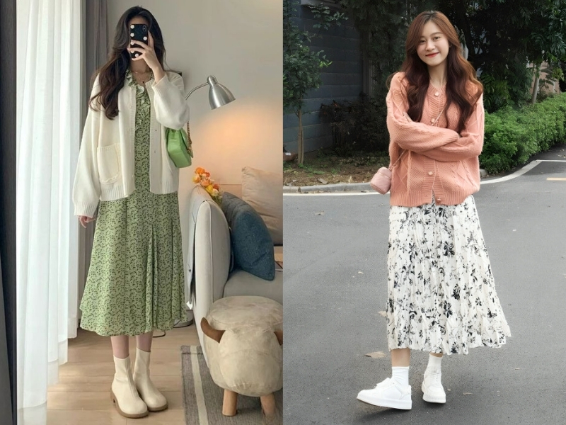 Cardigan phối chân váy hoa nhí dáng dài
