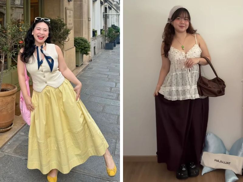 áo cổ chữ v và chân váy rũ cho nữ béo
