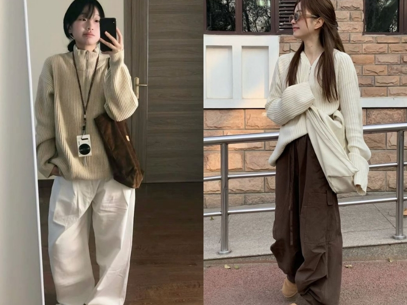 Áo kem phối quần kaki dáng suông