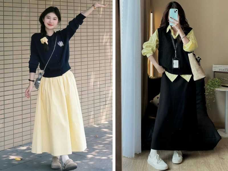 Phối outfit tone vàng và đen cho nữ