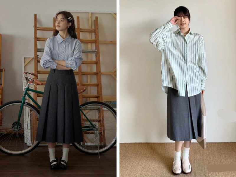 áo sơ mi kẻ sọc chân váy midi