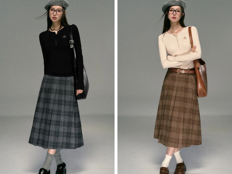 Cách mix chân váy suông dài với áo dài tay