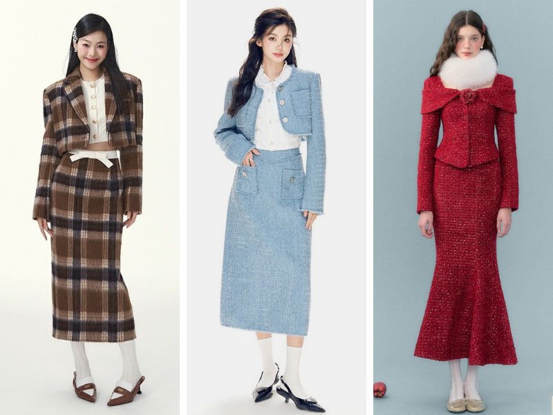 Cách phối đồ Tết cho nữ với set váy tweed