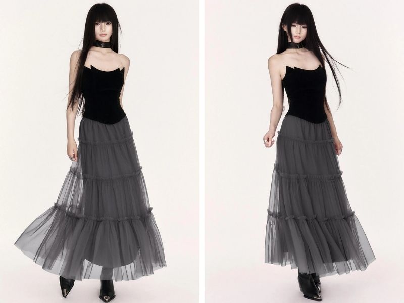 Cách phối chân váy dài với áo cúp ngực