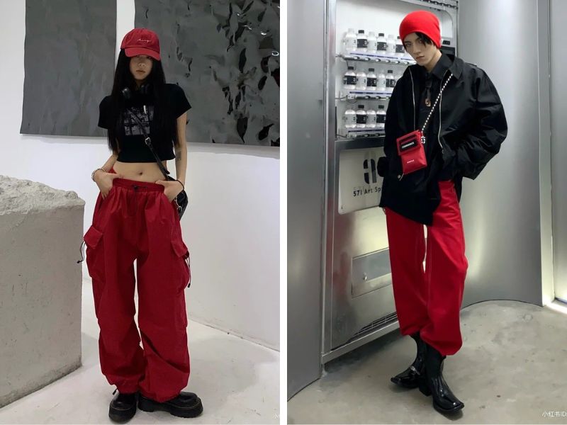 áo đen phối quần đỏ burgundy