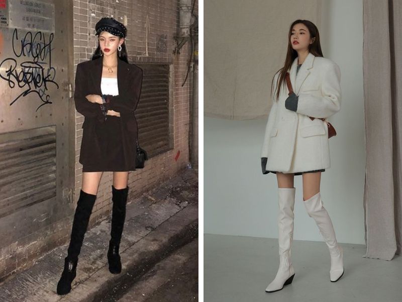 áo blazer và váy ngắn với boot cao qua gối