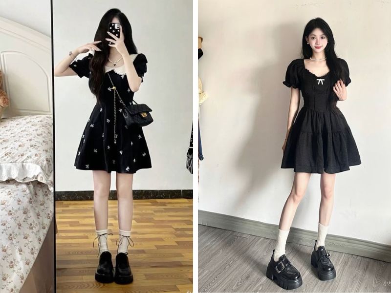váy chữ A ngắn với boot cổ thấp