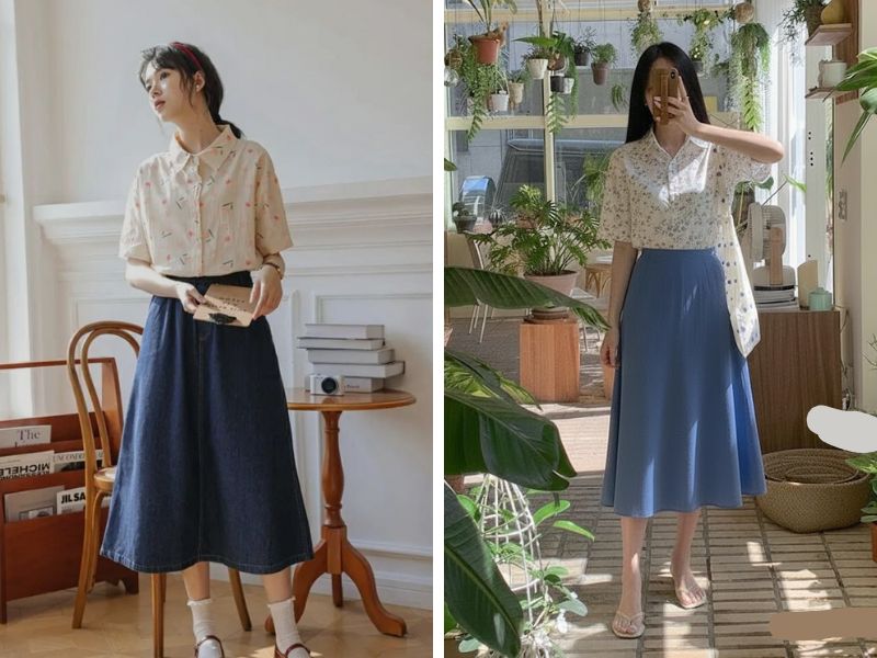 áo sơ mi họa tiết và chân váy chữ a dài vintage