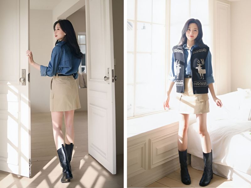 Mix chân váy be với boot cổ lửng đen 