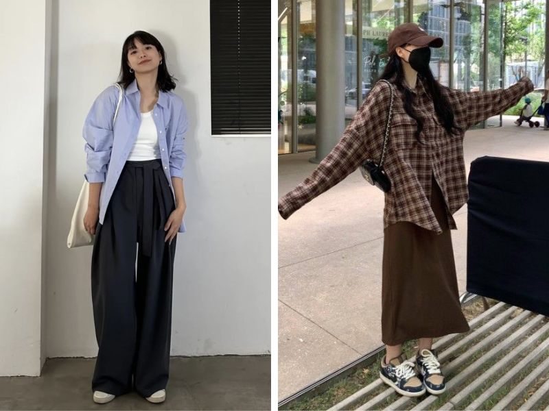áo sơ mi form rộng với quần culottes hoặc váy midi