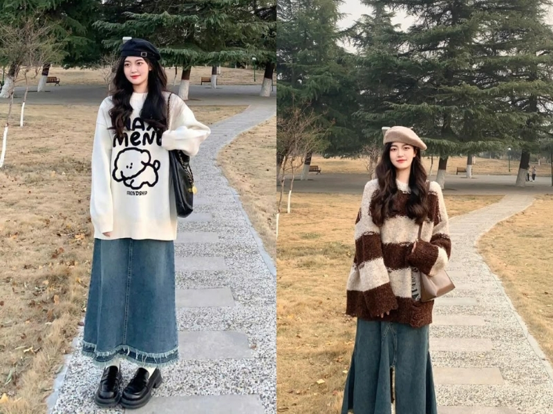 Áo len oversize vừa phối chân váy jean dài mùa đông