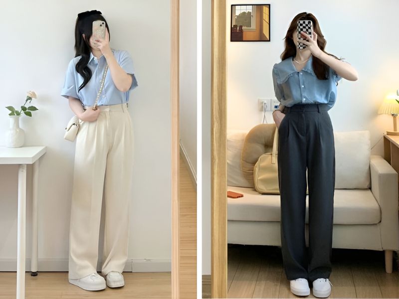 Phối áo sơ mi và quần suông ống rộng