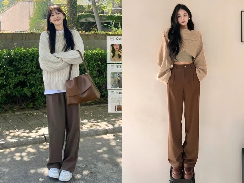 Áo màu kem phối quần nâu