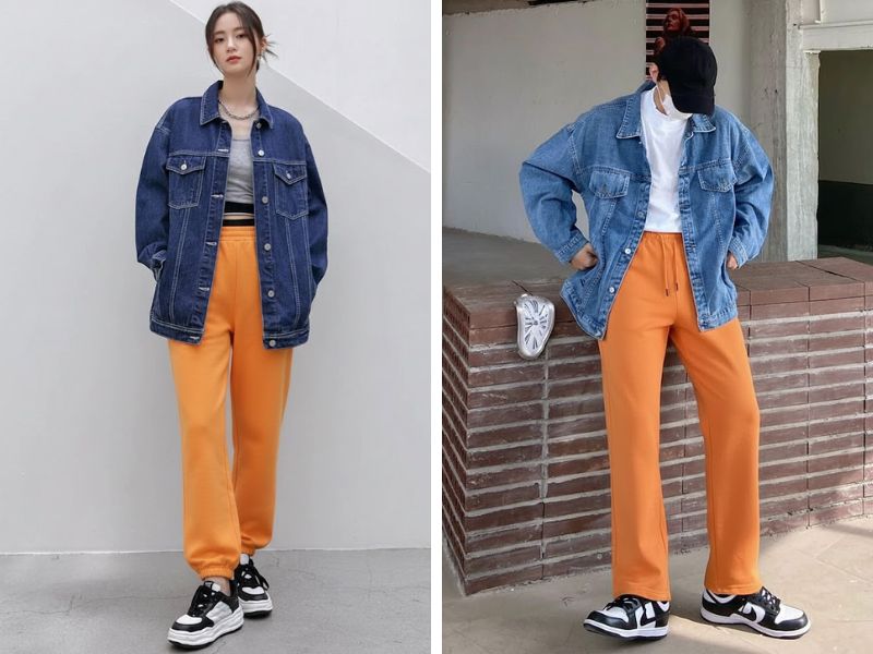 áo khoác denim với quần cam