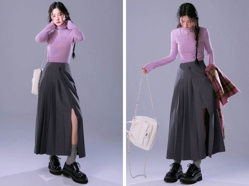 Cách mix chân váy dài với