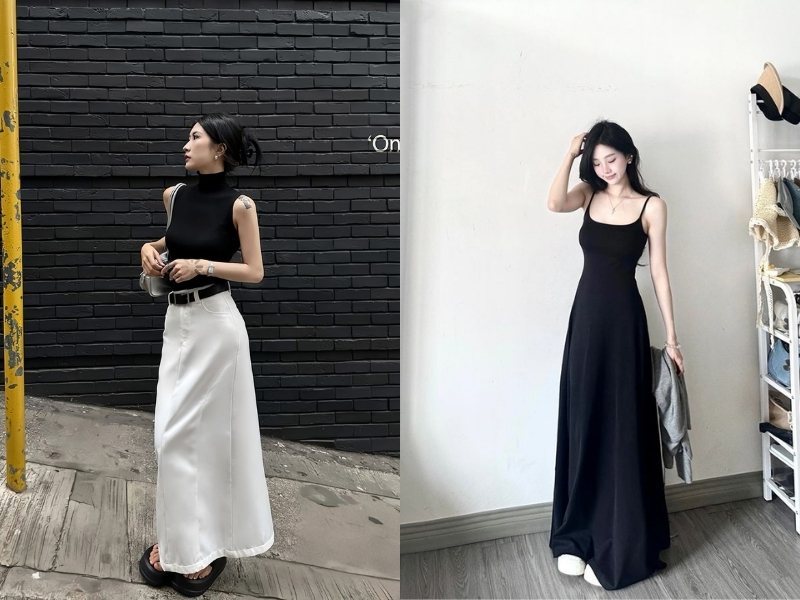 Áo tanktop phối chân váy suông dài tối giản