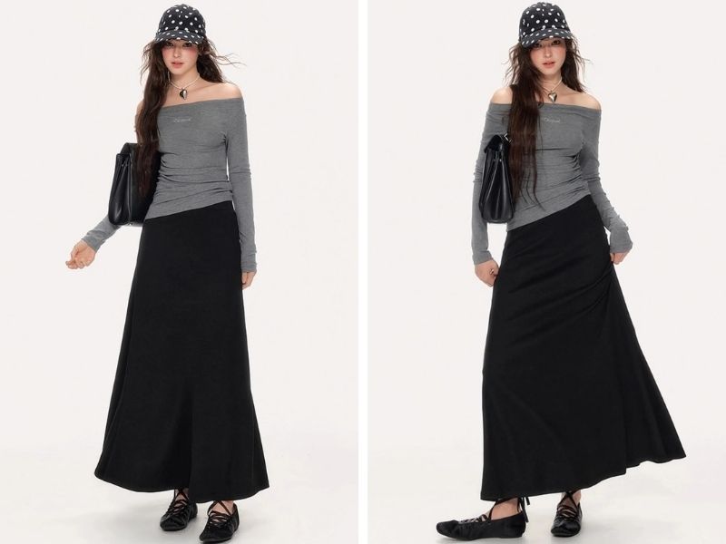 Cách phối chân váy suông dài với áo trễ vai