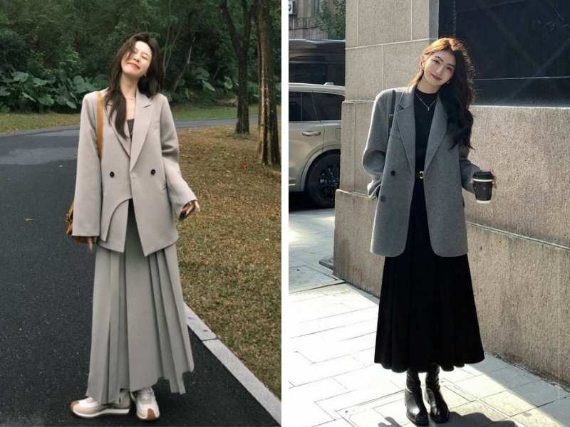 Chân váy dài phối cùng croptop và blazer